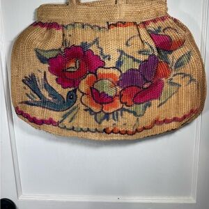 Woven Floral Straw Tote Bag in Natural with Pink & Orange Accents